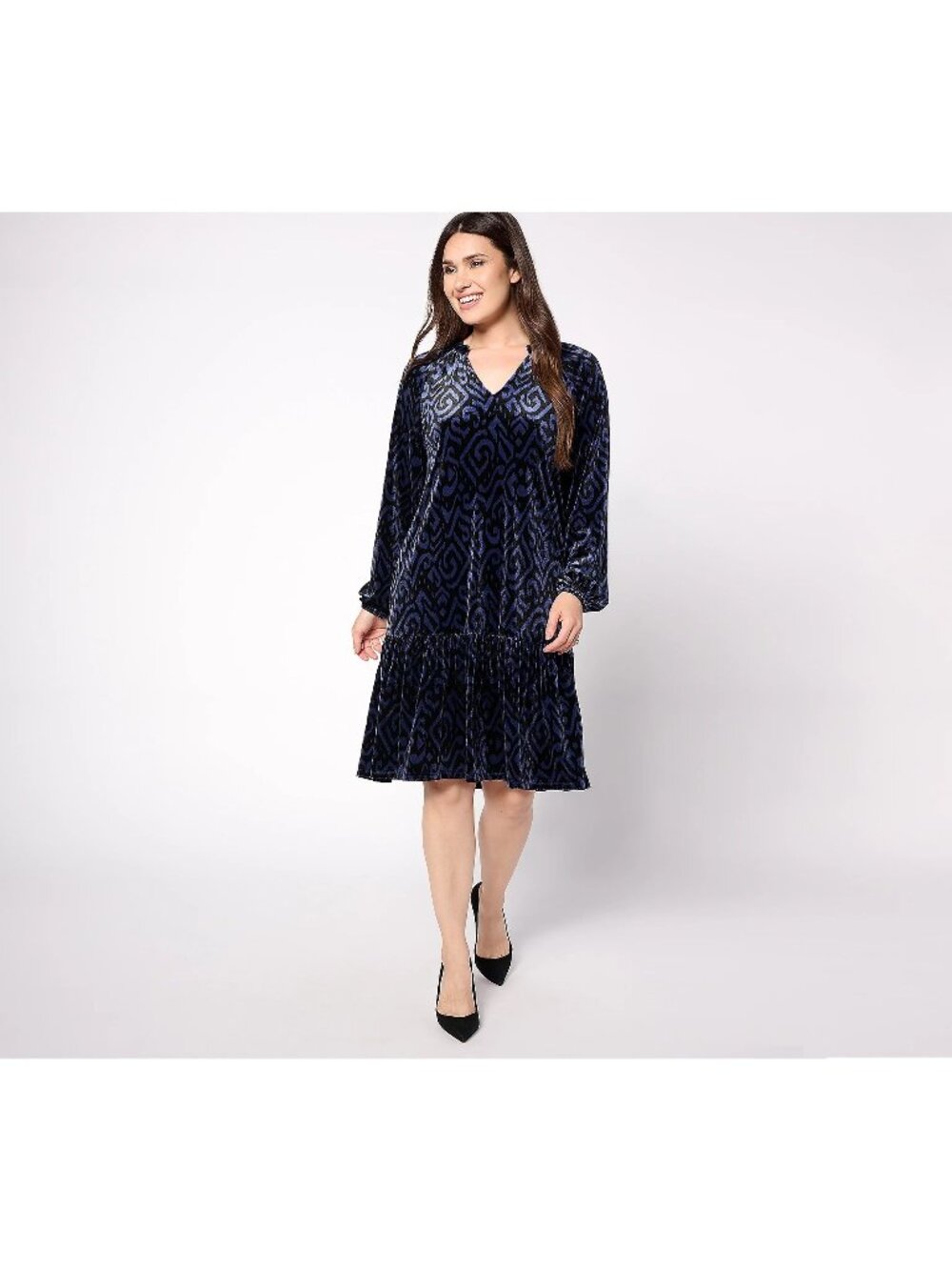 Destination 365 Dress Size Small Printed Velvet Knee Length Split Neck Navy Blue